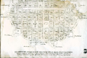 Ein detaillierter alter Stadtplan von Berlin, Deutschland, auf einem schwarzen Hintergrund, der Straßen, Gebäude und Sehenswürdigkeiten zeigt, mit Text, der zusätzliche Informationen bietet.