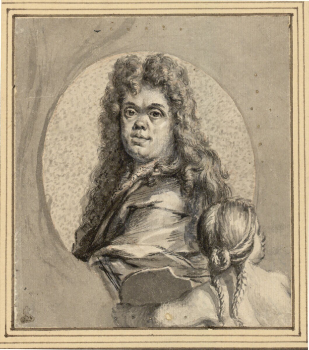 Ein Porträt eines Mannes mit langen Haaren und einem ernsten Gesichtsausdruck, der dem Betrachter gegenübersteht, neben einer Frau, die ein Kind hält und einen sanften Gesichtsausdruck hat, beide direkt in die Kamera schauen.