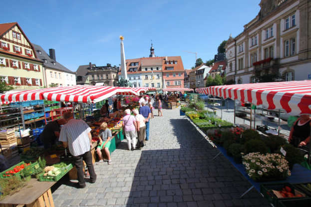 Ein belebter Markt im historischen Stadtkern von Heidelberg, Deutschland, mit Menschen, die spazieren gehen, auf Bänken sitzen und um Zelte stehen, sowie Gemüsekörbe auf Tischen und Gebäuden mit Fenstern, Bäumen und einem klaren blauen Himmel im Hintergrund.