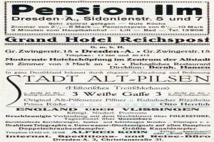 Schwarze und weiße Zeitungsanzeige für die Pension Inn in Dresden, Deutschland mit Text auf weißem Hintergrund.