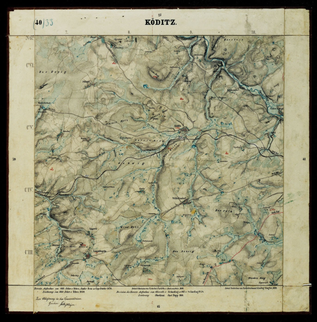 Schwarze und weiße topografische Karte von Köditz, Deutschland, zeigt Berge, Flüsse und andere geografische Merkmale auf einem dunklen Hintergrund mit klassischer Serifenschrift.