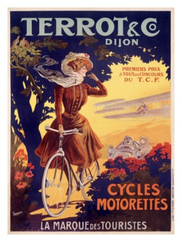 Ein Plakat, das eine Fahrradtour in Frankreich bewirbt, zeigt eine Frau auf einem Fahrrad umgeben von Bäumen, Blumen und anderen Menschen, mit Textbeschreibung der Tour.