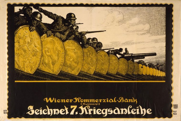 Deutsches Propagandaplakat aus dem Zweiten Weltkrieg, das Soldaten in Helmen mit Waffen zeigt, mit der Aufschrift 'Wiener Kommmerzial Bank' unten.