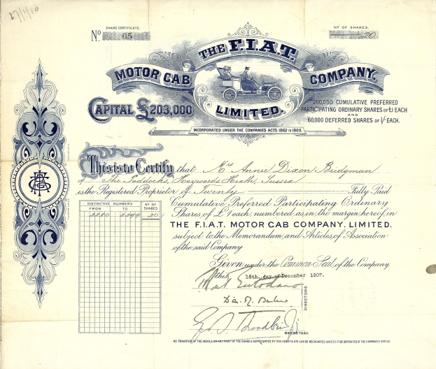 Altes Aktienzertifikat der Flat Motor Cab Company mit gedrucktem Text und numerischen Details.