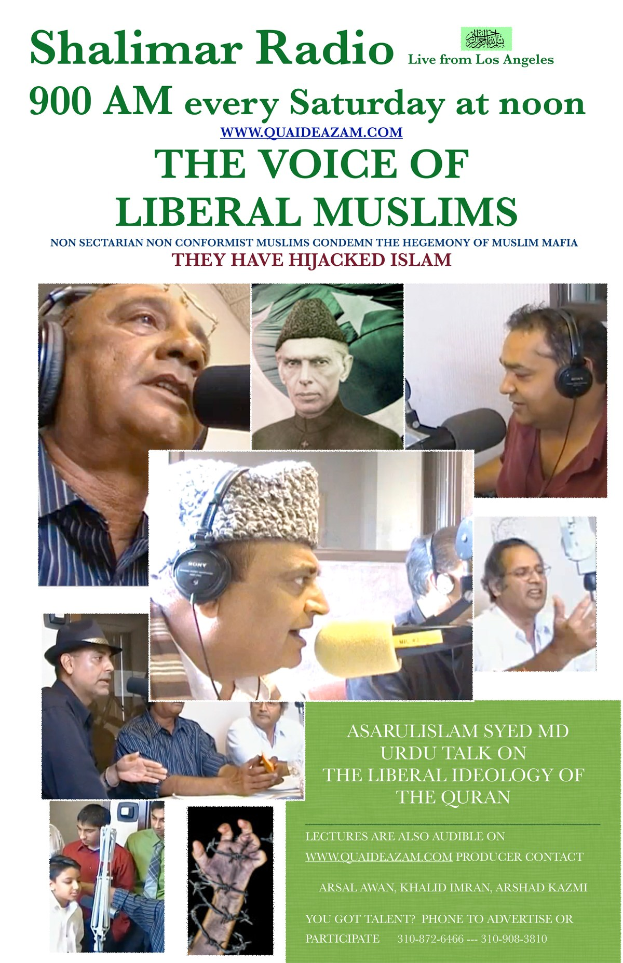 Plakat, das die Radioshow 'Die Stimme der liberalen Muslime' ankündigt, mit Bildern von Menschen mit Headsets und Mikrofonen in einem Gespräch.