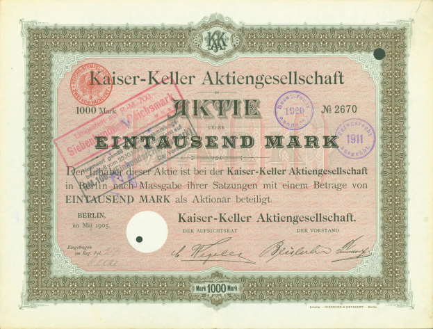 Altes deutsches Aktienzertifikat der Kaiser-Keller Aktiengesellschaft mit gedrucktem Text und offiziellen Stempeln