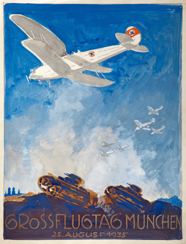 Plakat zur Ankündigung eines Luftfahrtfestes in München am 25. August 1935, das Flugzeuge zeigt, die durch den Himmel fliegen, mit zusätzlichen Flugzeugen im Hintergrund.