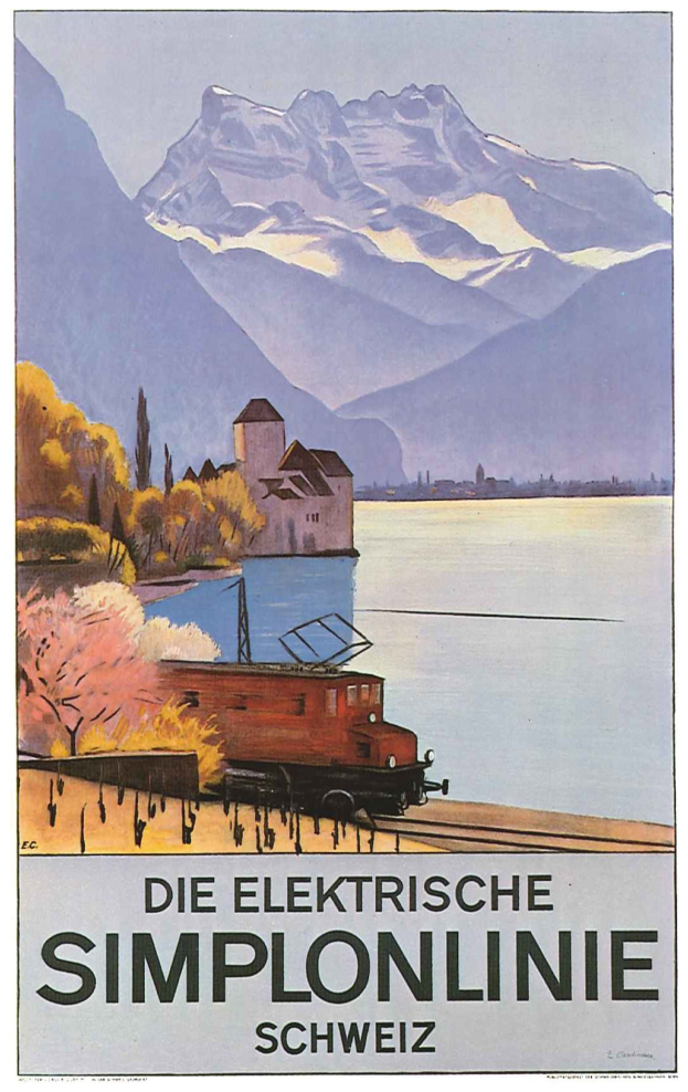 Plakatwerbung der Schweizerischen Bundesbahnen mit einem Zug auf Schienen in der Nähe eines Sees, umgeben von Bäumen, einem Gebäude und Bergen im Hintergrund.