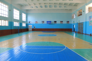 Große Turnhalle mit blau-weißem Boden, Basketballfeld, Netz mit Stangen, Tür, Fenstern, Wandplakaten, Geländer und Dach.