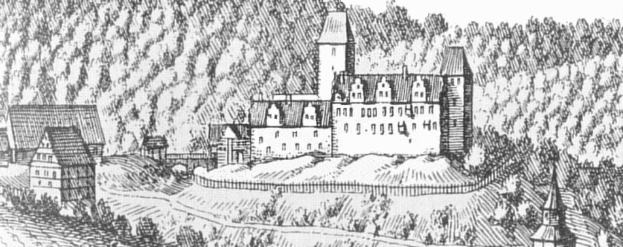Eine detaillierte Schwarz-Weiß-Zeichnung der Neuschwanstein Burg in Deutschland, umgeben von üppigen grünen Bäumen, die ihre hohen Türme und detaillierte Architektur zeigt.