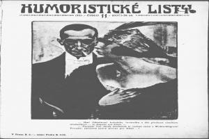 Schwarze und weiße Zeitschriftentitel 'Humoristische Liste' mit einem Mann im Anzug mit ernster Miene und einer Frau, die schmunzelnd wegsieht.
