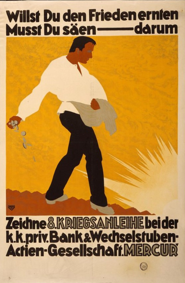 Ein deutsches Propagandaplakat für die Deutsche Bank, das einen Mann in einem weißen Hemd und schwarzen Hosen zeigt, mit Texten über die Bank und ihre Dienstleistungen.