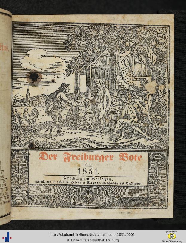 Ein aufgeschlagenes Buch mit dem Titel "Der Freiburger Bote für 1851" zeigt eine Zeichnung einer Gruppe von Menschen in traditioneller deutscher Kleidung in einem Gespräch.