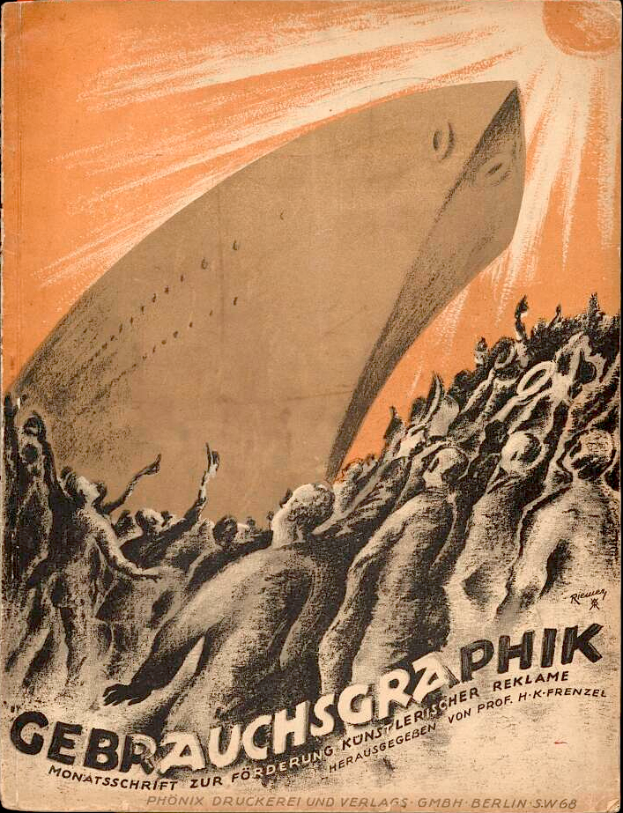 Ein altes Buch mit schwarzem Einband, das ein Bild einer Gruppe von Menschen und den Text "Gebrauchsgraphik" zeigt, was "Zweiter Weltkrieg" bedeutet.