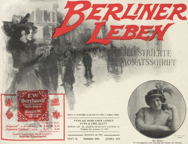 Eine Frau mit Hut und ein Mann im Anzug sind auf einem Plakat für den Berliner Leben-Film zu sehen, mit Text, einem Stempel, einigen Menschen und einem Gebäude im Hintergrund.