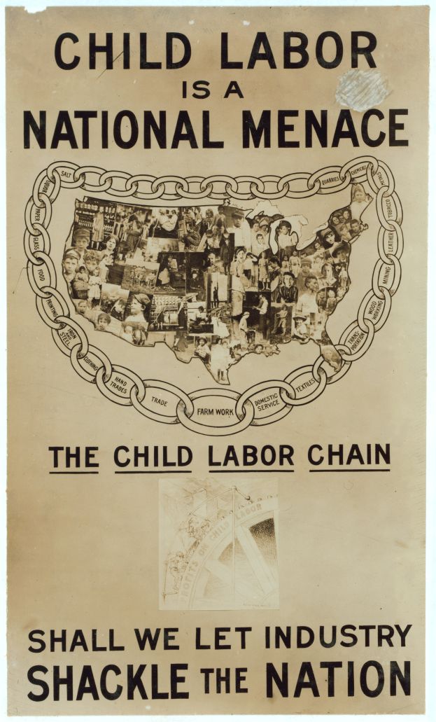 Ein Plakat mit fetter schwarzer Schrift auf weißem Hintergrund trägt die Aufschrift "Kindersklaverei ist eine nationale Gefahr - Sollen wir die Industrie das Land fesseln lassen", das eine bunte Gruppe von Menschen zeigt, die gemeinsam stehen.