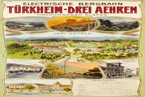 Plakatwerbung Bergbahn, Deutschland als elektrisches Stadt, mit Bildern von Gebäuden, Bäumen, Hügeln und beschreibendem Text.