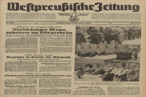 Schwarze-weißer Titelseite einer deutschen Zeitung vom 13. November 1939, betitelt "Weitpreubliche Zeitung", mit einer Gruppe von Menschen in traditioneller deutscher Tracht in einer feierlichen Szenerie.