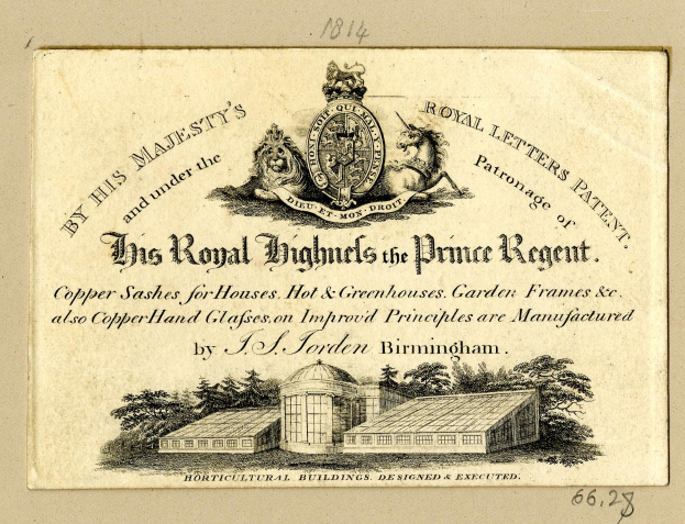 Geschäftskarte für "Die Königlichen Hochhäuser des Prince Regent" mit einem Bild eines Gebäudes mit Bäumen und einem Logo.