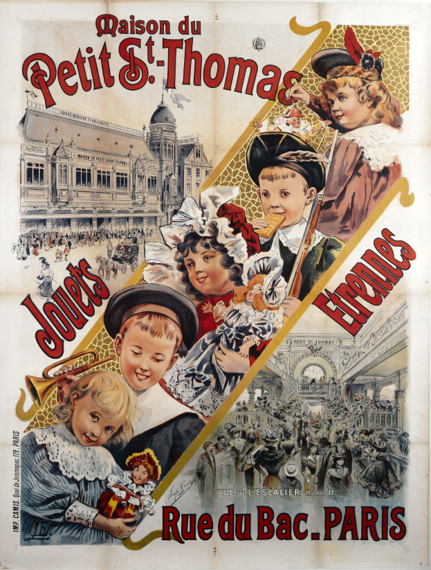 Französisches Reiseplakat für die Pariser Oper mit Kindern, die vor dem großen Gebäude Musikinstrumente spielen, mit Text, der das Ereignis beschreibt.