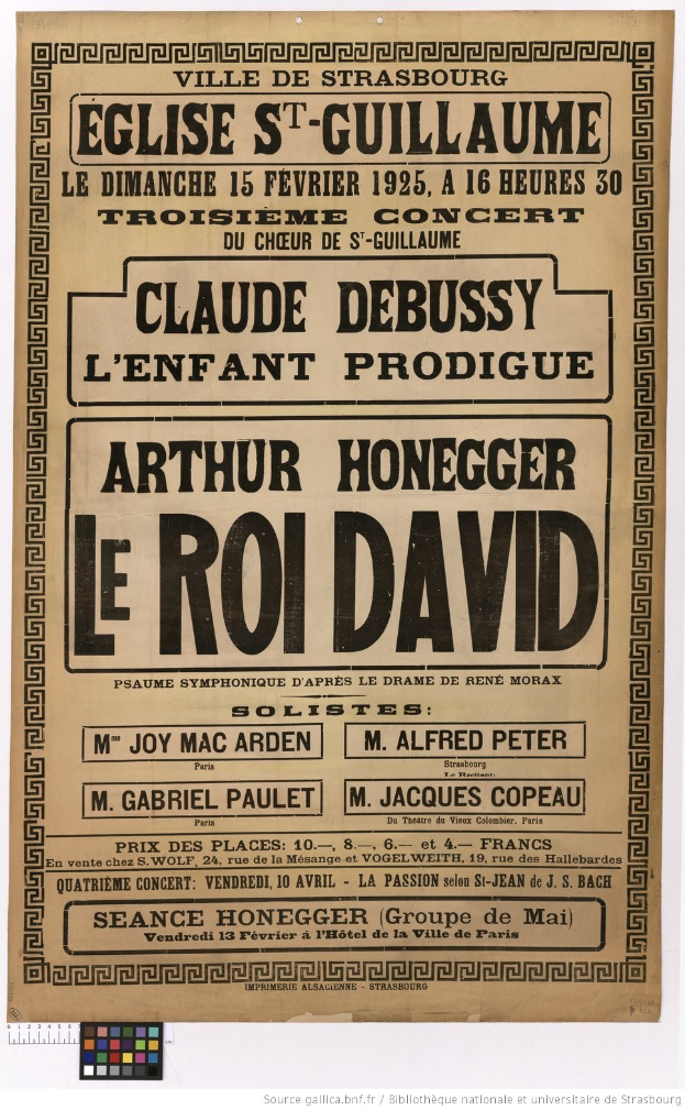 Plakatankündigung eines Konzerts mit Arthur Honegger und Le Roi David mit Text, der die Mitwirkenden und das Datum auflistet.