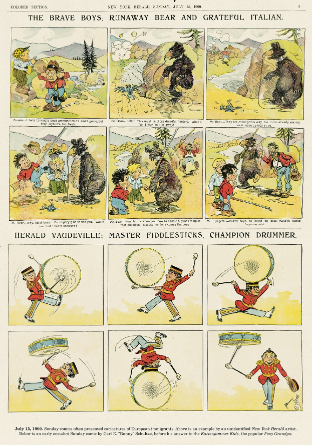 Eine Comic-Seite mit einem Mann in rotem Anzug, der einen Drumstick hält und eine Frau in gelbem Kleid, beide mit entschlossener Miene, und dem Text "Die mutigen Jäger, fliehender Bär und dankbarer Italiener".