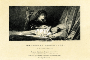 Eine Frau in einem weißen Kleid sitzt auf einem Bett und hält ein Baby nah an ihrer Brust, während das Baby zu ihr hochschaut; das Bild trägt den Titel "Mütterliche Einsamkeit" von R.P. Bonington.