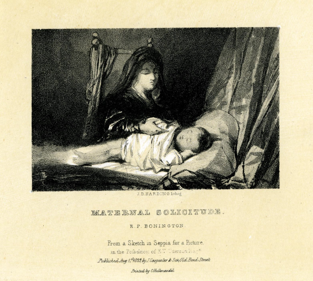 Eine Frau in einem weißen Kleid sitzt auf einem Bett und hält ein Baby nah an ihrer Brust, während das Baby zu ihr hochschaut; das Bild trägt den Titel "Mütterliche Einsamkeit" von R.P. Bonington.