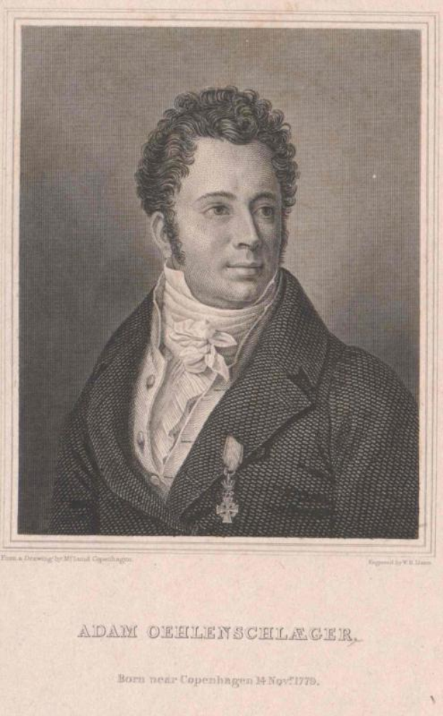 Porträt von Adam Oehlenschläger, ein Mann in einem Anzug mit ernster Miene, mit Text unten im Bild.