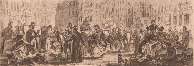 Eine belebte Straße aus der Viktorianischen Ära in London, England, voller Menschen in historischer Kleidung, Gebäuden im Hintergrund und Text unten mit der Aufschrift "Viktorianische StraßenSzene in London, England".
