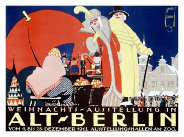 Plakat, das eine Weihnachtsausstellung in altem Berlin ankündigt, mit bunten Illustrationen von Menschen, Gebäuden und Gegenständen und dem Text "Weihnachtsausstellung in Alt-Berlin" oben drauf.