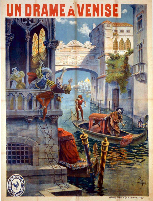 Ein Filmplakat mit Menschen in einem Boot auf dem Wasser, umgeben von Gebäuden, Bäumen und einer Brücke, in Venedig, Italien.