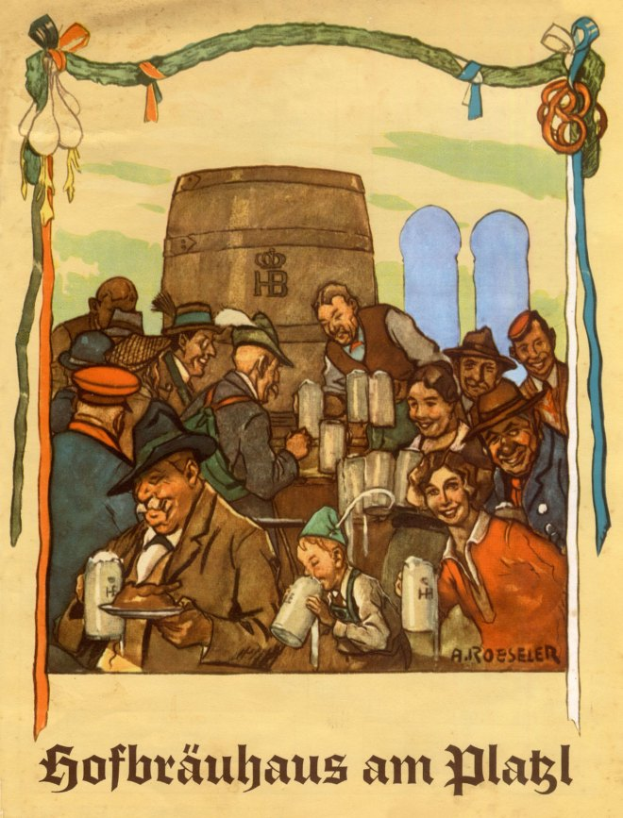 Ein Plakat, das ein Bierfest in Deutschland ankündigt und eine Gruppe von Menschen mit Biergläsern und einem Fass im Hintergrund zeigt, mit deutschem Text unten.