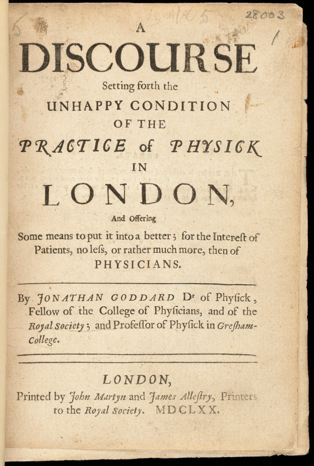 Offenes Buch mit dem Titel 'Eine Diskursetzung für den unglücklichen Zustand der Praxis der Physik in London' mit sichtbarem Text in schwarzer Tinte.