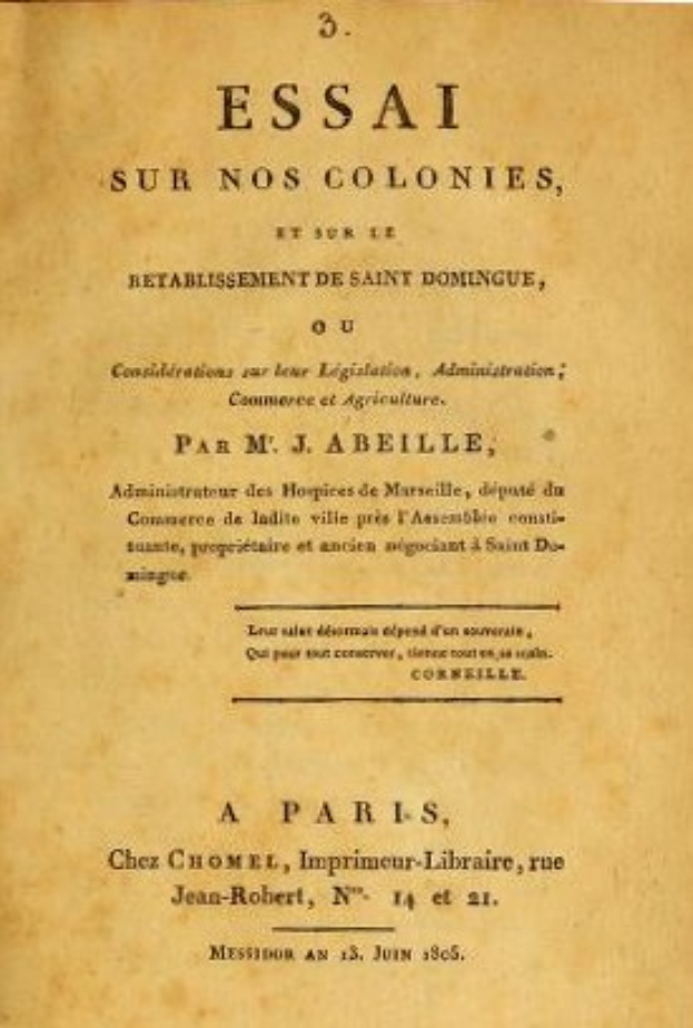 Umschlag eines alten Buches mit dem Titel "Essai sur nos Colonies, et sur l'Établissement de Saint Dominique", wahrscheinlich eine Sammlung von Essays zur französischen Kolonialgeschichte und Regionalkultur.