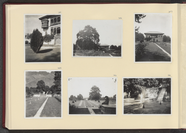 Offenes Buch mit einer Collage aus Schwarz-Weiß-Fotografien von Bäumen in der Mitte, umgeben von Gebäuden und einem Brunnen.