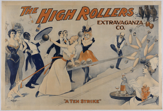 Ein Plakat aus den 1920er Jahren für die High Rollers Extravaganza Co., das Menschen in Vintage-Kleidung beim Bowling zeigt, mit der Aufschrift 'A Ten Strike' oben und einem gedämpften Farbton von Blauen, Grünen und Gelben.