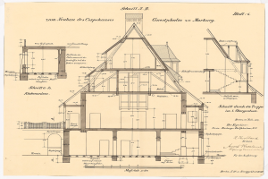 Schwarze-weißes architektonisches Zeichnung eines Hauses mit zahlreichen Fenstern und einem Dach, beschriftet als das erste Haus in Deutschland, begleitet von detaillierten Plänen und Text.
