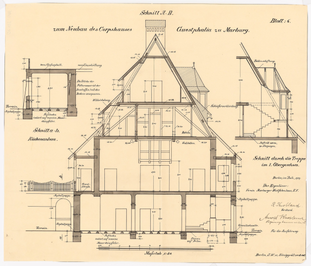 Schwarze-weißes architektonisches Zeichnung eines Hauses mit zahlreichen Fenstern und einem Dach, beschriftet als das erste Haus in Deutschland, begleitet von detaillierten Plänen und Text.