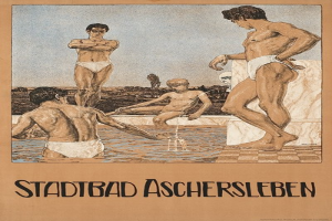 Plakat wirbt für ein Schwimmbad in Aschersleben, Deutschland, mit Menschen im Wasser und Text über die Pool-Anlagen.