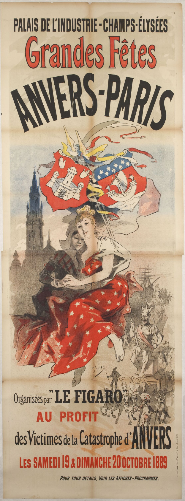 Plakatankündigung für die Grandes Fêtes Annivers-Paris mit einer Frau in rotem Kleid und einem menschlichen Gesicht in der Mitte sowie Text mit Veranstaltungshinweisen.