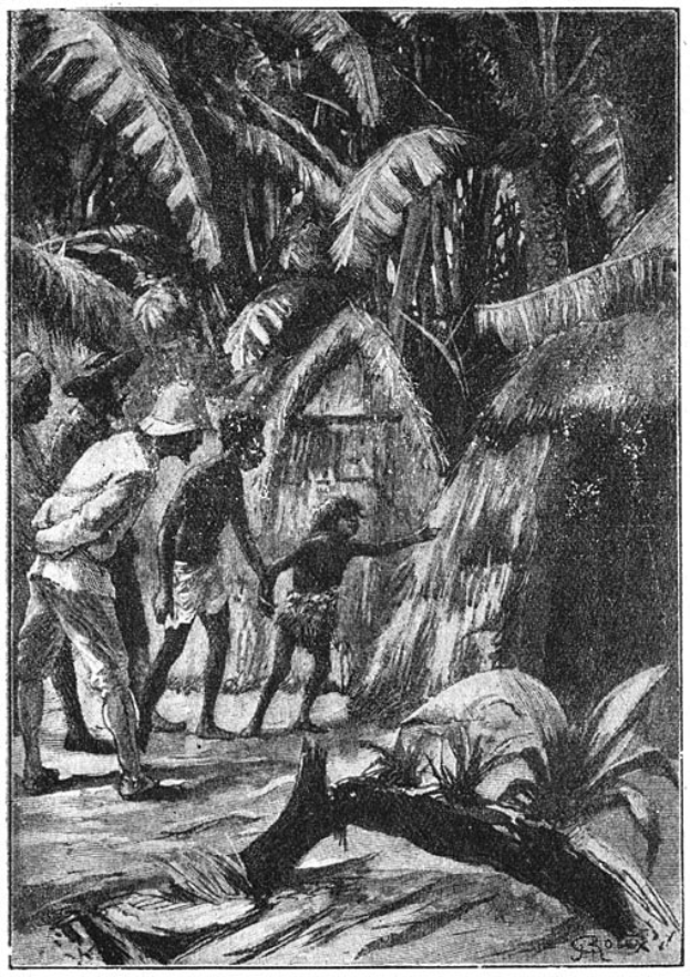 Eine Schwarz-Weiß-Illustration einer Gruppe von Menschen in traditioneller Kleidung, die in einem Kreis in einem Dschungel stehen, mit hohen, grünen Bäumen, kleinen, rustikalen Hütten und einem tiefblauen Himmel mit vereinzelten weißen Wolken im Hintergrund; Text unten lautet "Die Geschichte des Dschungels".