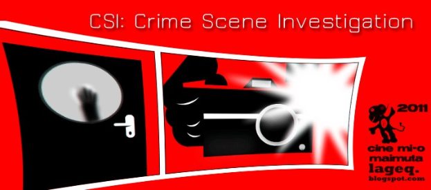 Rotes Plakat mit der Aufschrift "CSI Crime Scene Investigation" in weißer Fettschrift, das eine Person in einer schwarzen Kapuzenjacke mit entschlossener Miene zeigt, umgeben von einem schwarzen und weißen Rand auf einem dunklen blauen Hintergrund.