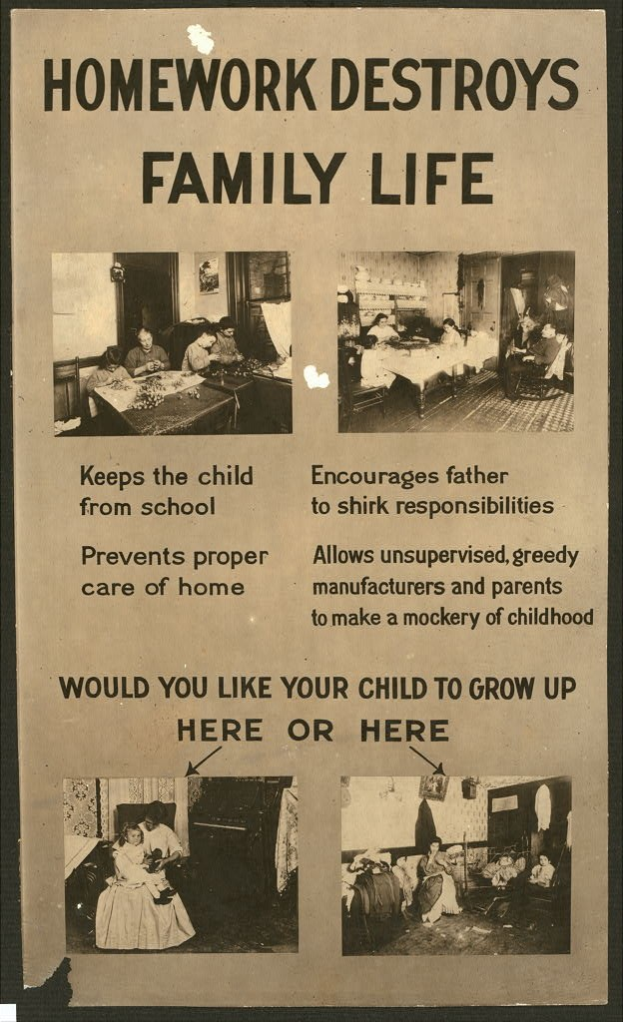Plakat mit dem Text "Hausaufgaben zerstören das Familienleben" mit einer vielfältigen Gruppe von Menschen, die entschlossen auf den Betrachter schauen.