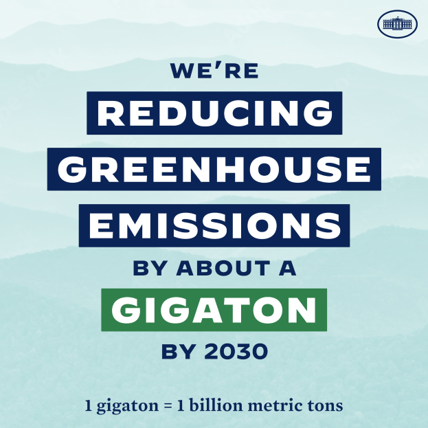 Ein Plakat mit Text und Logo, das "Wir reduzieren die Treibhausgasemissionen um etwa eine Gigatonne bis 2030" lautet und für die Reduzierung der Treibhausgasemissionen bis 2030 wirbt.