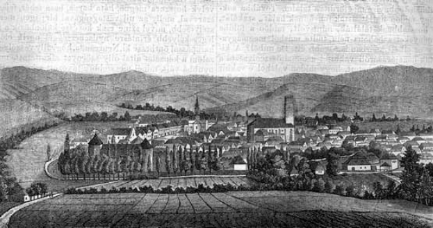 Schwarze und weiße Zeichnung einer kleinen Stadt in einem Tal umgeben von Bäumen und Hügeln, mit der Beschriftung "Bayern, Deutschland, 1857" oben.