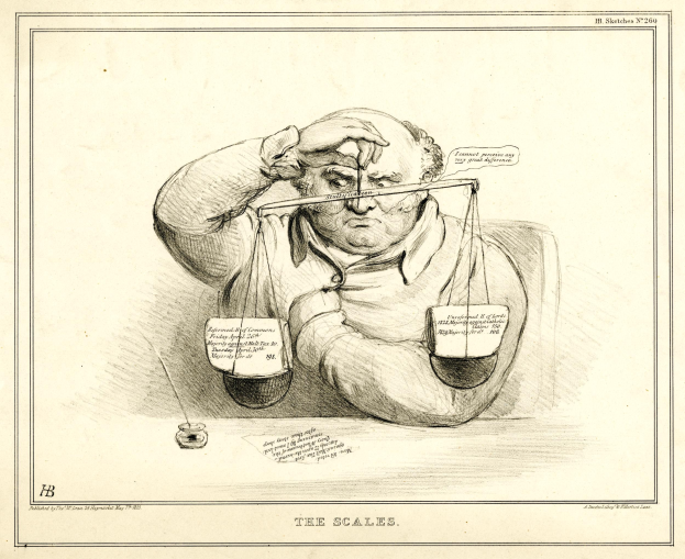 Ein Anwalt in Anzug sitzt an einem Tisch mit einer Waage vor ihm, die Papiere mit Text und Zahlen überprüft.