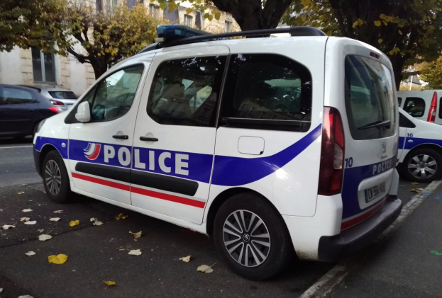 Polizeifahrzeug auf der Straße neben Gebäuden, Bäumen und welken Blättern geparkt.