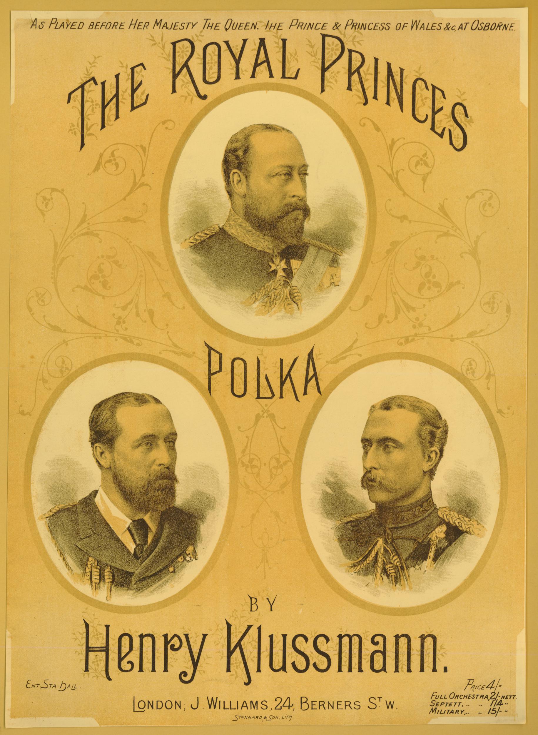 Ein Plakat mit der Aufschrift "Die königlichen Prinzen-Polka von Henry Klussmann" mit drei gekrönten Männern mit majestätischem Gesichtsausdruck.