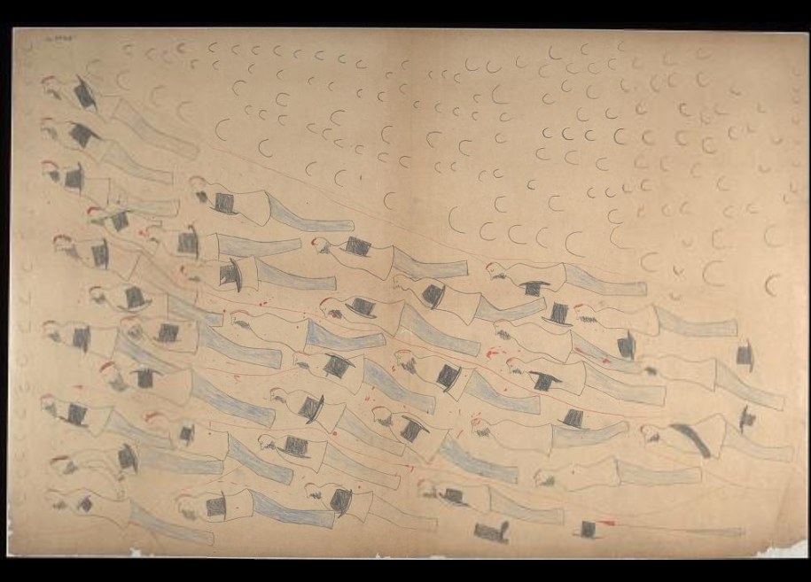 Schwarzumrandetes Zeichnung von Menschen, die gemeinsam in einem Gewässer schwimmen, die Bewegung und Energie vermitteln.